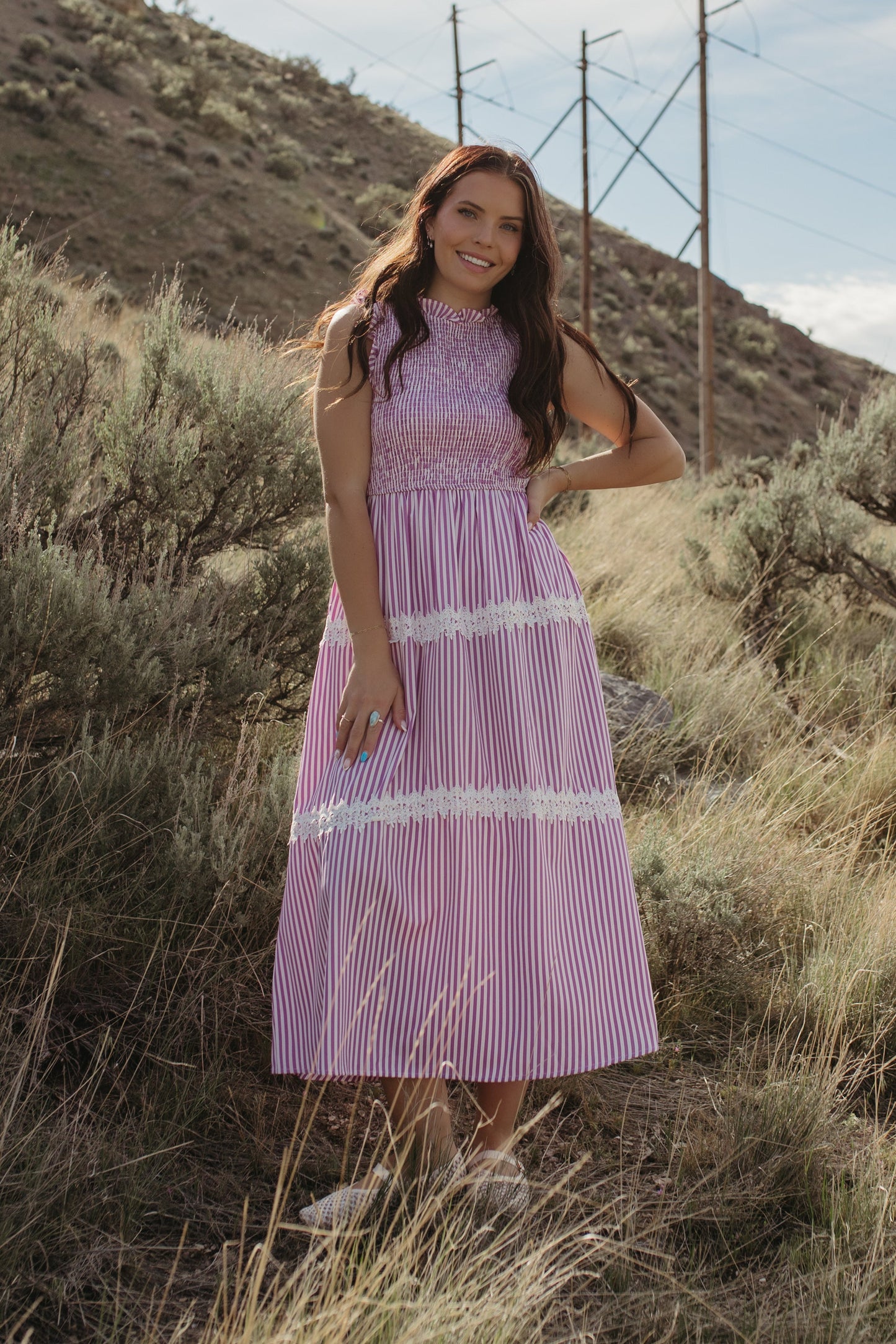 THE HARLOW STRIPED SMOCKED DRESS IN PURPLE