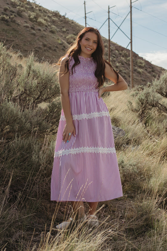 THE HARLOW STRIPED SMOCKED DRESS IN PURPLE