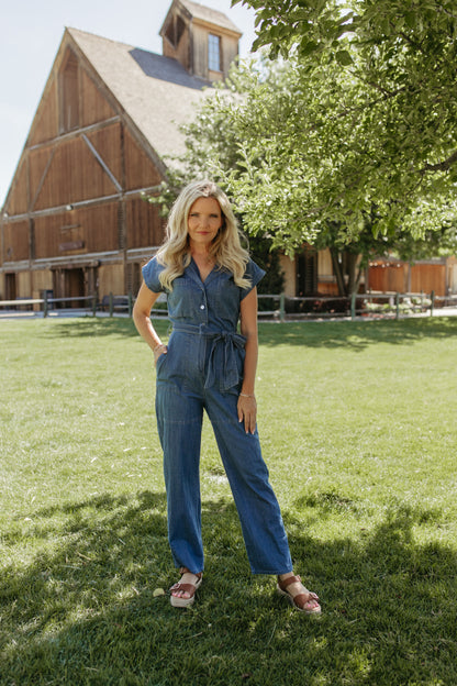 THE GEORGIA BELTED JUMPSUIT IN MEDIUM DENIM
