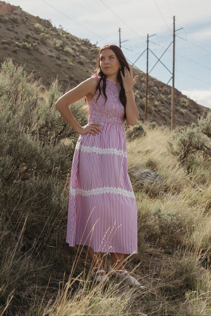 THE HARLOW STRIPED SMOCKED DRESS IN PURPLE