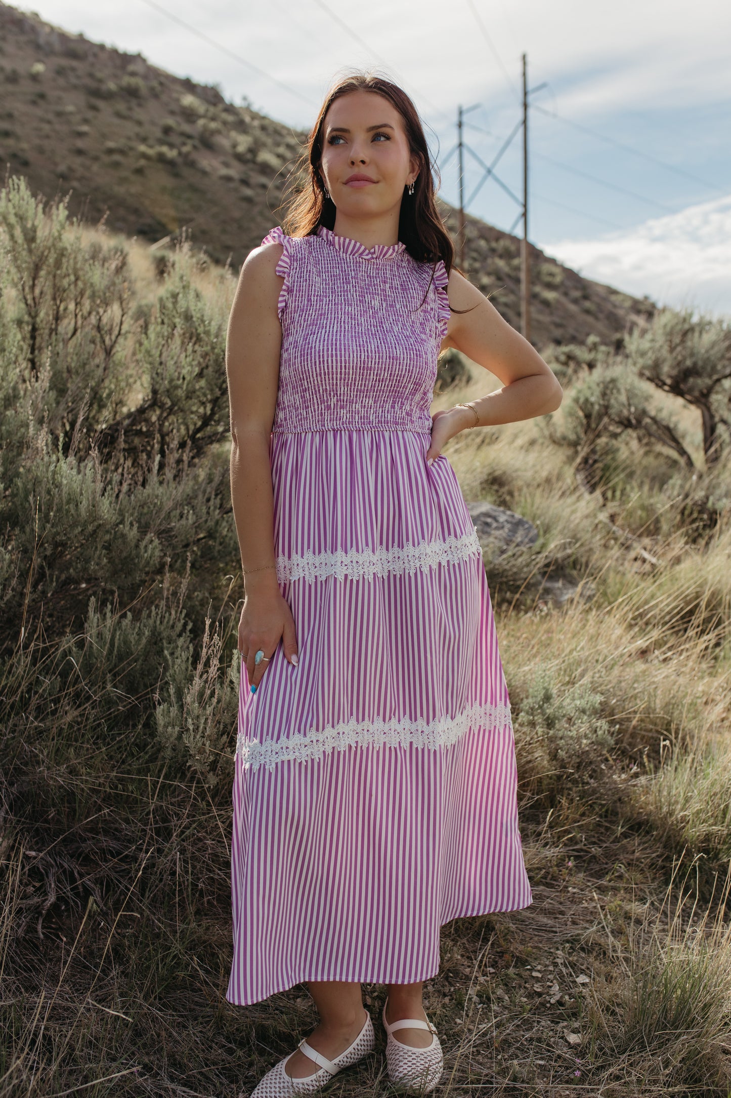 THE HARLOW STRIPED SMOCKED DRESS IN PURPLE