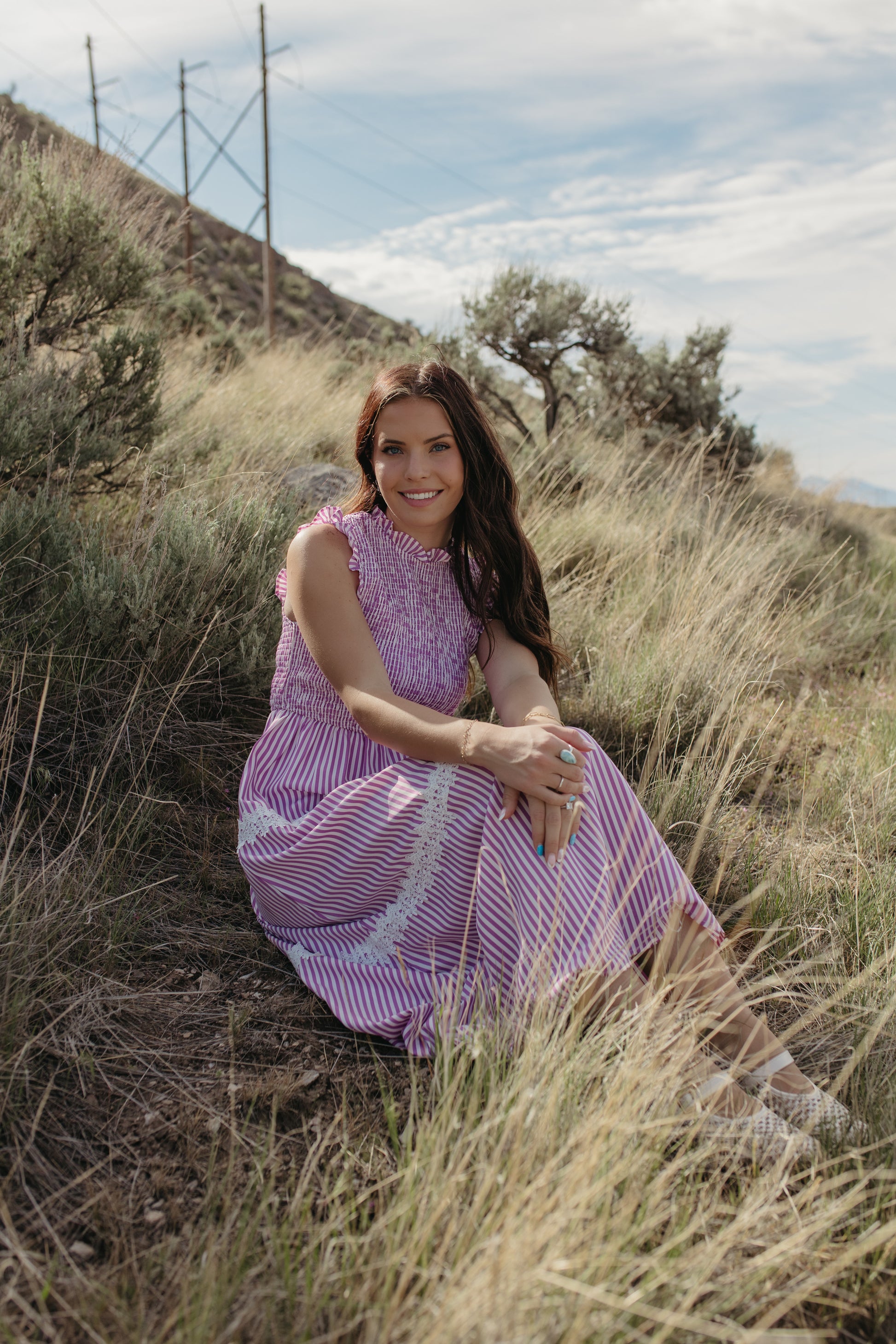 THE HARLOW STRIPED SMOCKED DRESS IN PURPLE