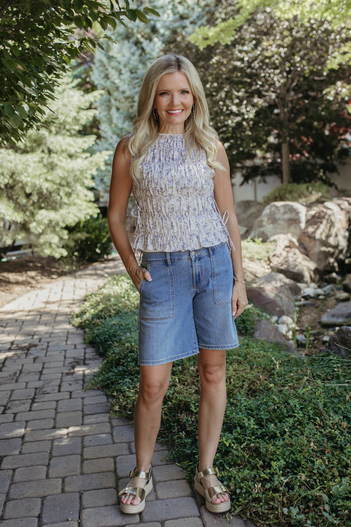 The Renata Floral Sleeveless Smocked Blouse in Lavender, photo 5 of 7