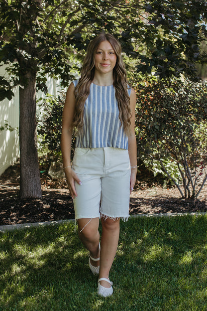 THE PARIS STRIPE SLEEVELESS KNIT TOP IN BLUE