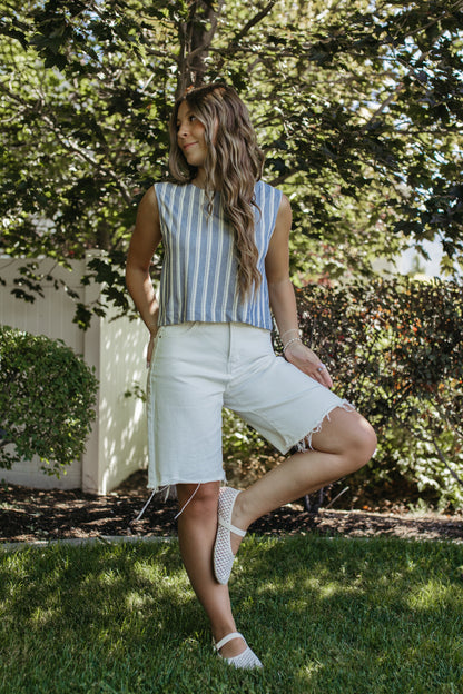 THE PARIS STRIPE SLEEVELESS KNIT TOP IN BLUE