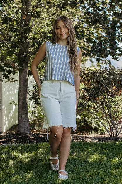 THE PARIS STRIPE SLEEVELESS KNIT TOP IN BLUE