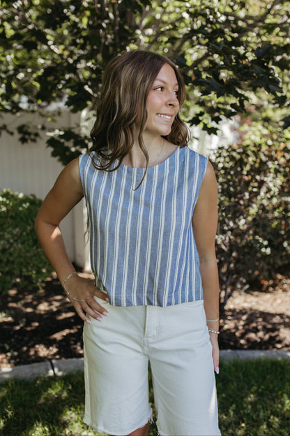 THE PARIS STRIPE SLEEVELESS KNIT TOP IN BLUE