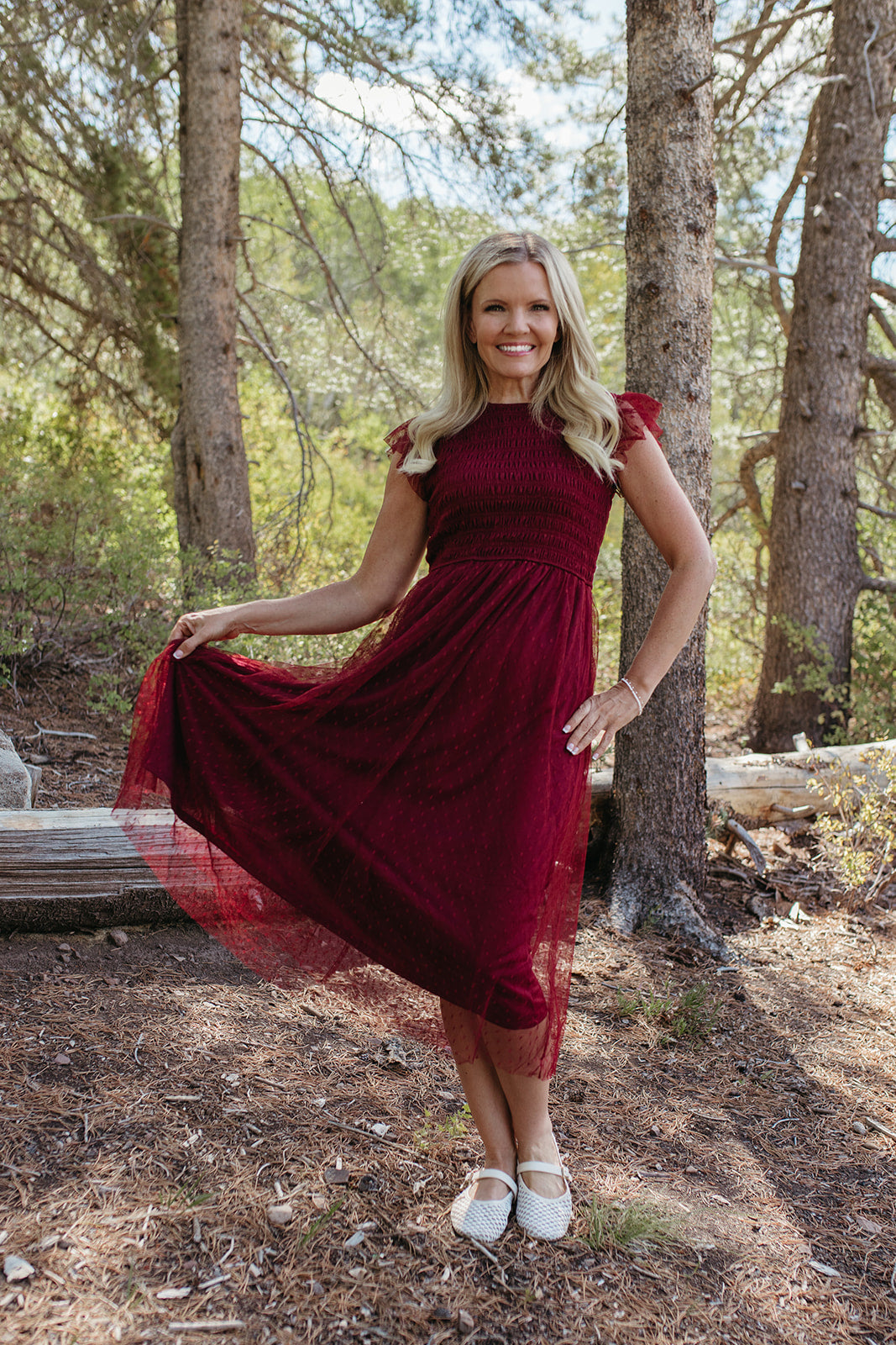THE SEVYN POLKA DOT MIDI SMOCKED DRESS IN BURGUNDY