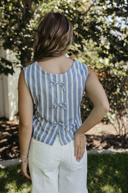 THE PARIS STRIPE SLEEVELESS KNIT TOP IN BLUE