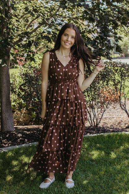 THE GRETA POLKA DOT TIERED SLEEVELESS DRESS IN BROWN