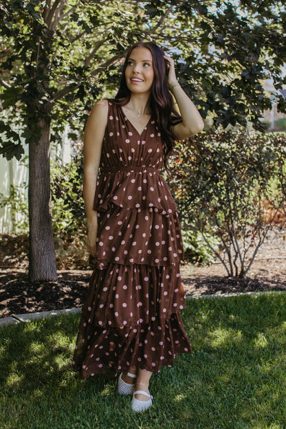 THE GRETA POLKA DOT TIERED SLEEVELESS DRESS IN BROWN