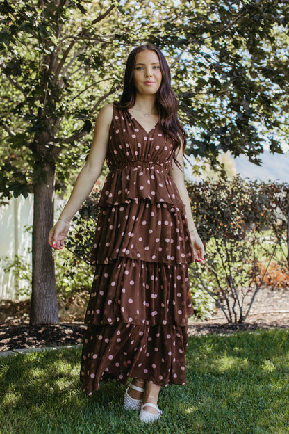 THE GRETA POLKA DOT TIERED SLEEVELESS DRESS IN BROWN