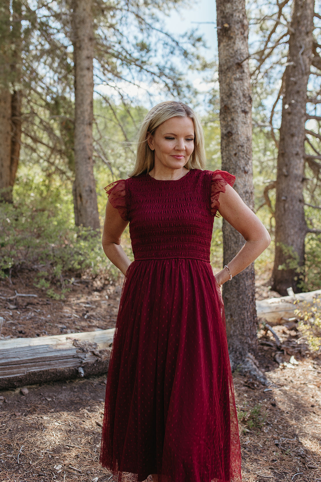 THE SEVYN POLKA DOT MIDI SMOCKED DRESS IN BURGUNDY
