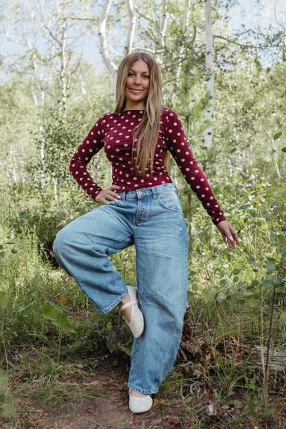 THE ROMINA POLKA DOT LONG SLEEVE KNIT TOP IN BURGUNDY