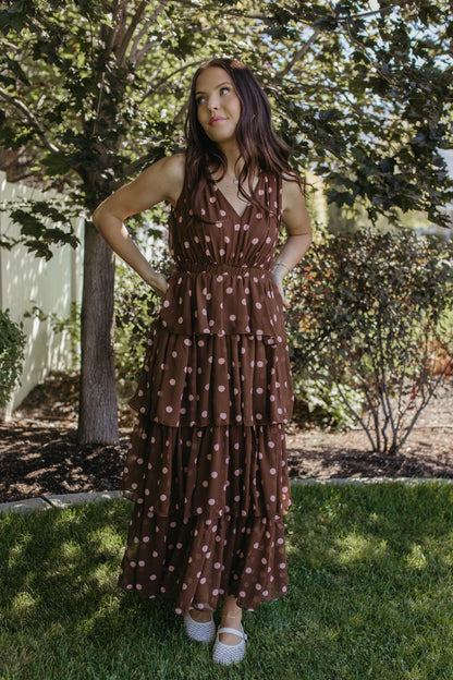 THE GRETA POLKA DOT TIERED SLEEVELESS DRESS IN BROWN