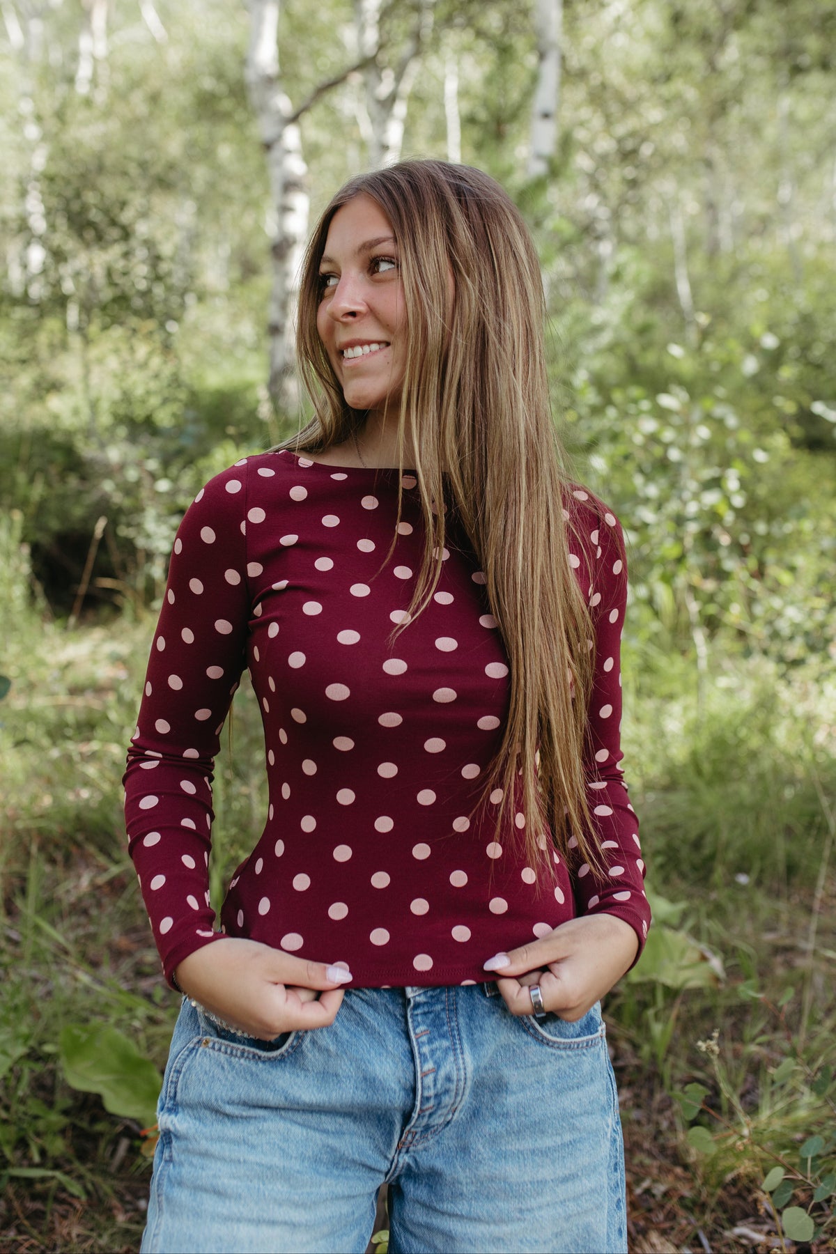 THE ROMINA POLKA DOT LONG SLEEVE KNIT TOP IN BURGUNDY