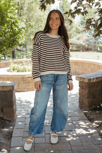 THE TIFFANY STRIPE RELAXED BUTTON SWEATER IN OATMEAL