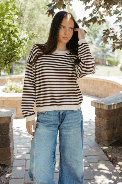 THE TIFFANY STRIPE RELAXED BUTTON SWEATER IN OATMEAL