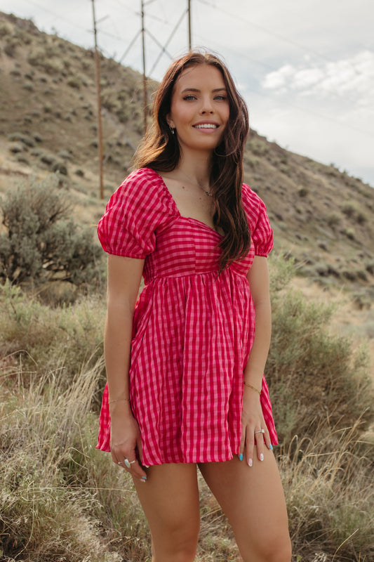 THE ELLE GINGHAM PUFF SLEEVE ROMPER
