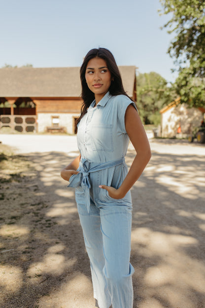 THE GEORGIA BELTED JUMPSUIT IN LIGHT DENIM