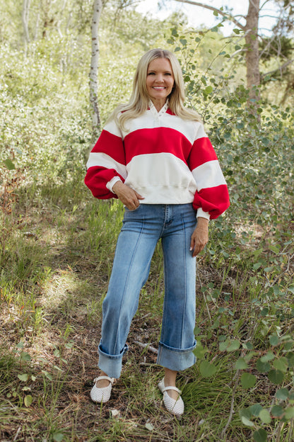 THE YARA STRIPED PULLOVER IN RED
