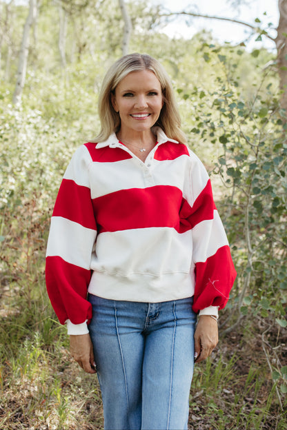 THE YARA STRIPED PULLOVER IN RED