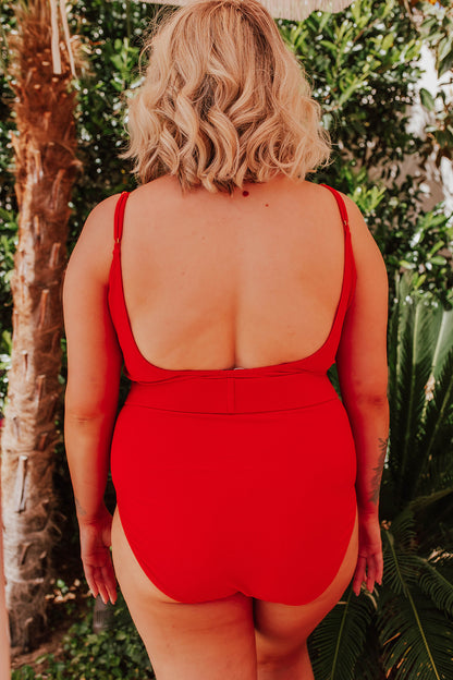 BELTED ONE PIECE IN RIBBED BOMBSHELL RED BY PINK DESERT