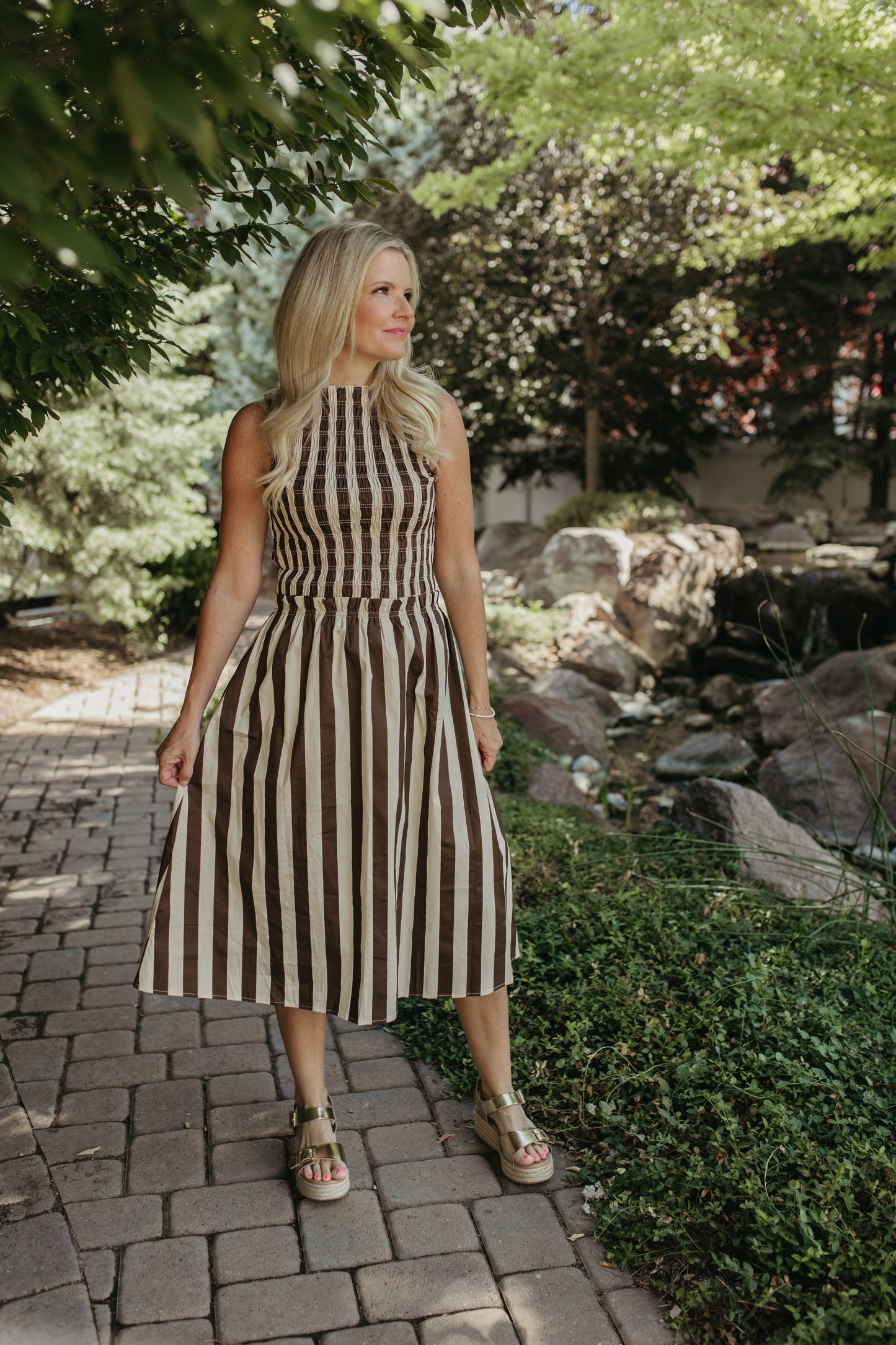 THE RIVKA STRIPE MIDI SLEEVELESS DRESS IN IVORY