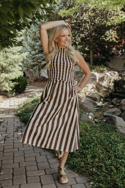 THE RIVKA STRIPE MIDI SLEEVELESS DRESS IN IVORY