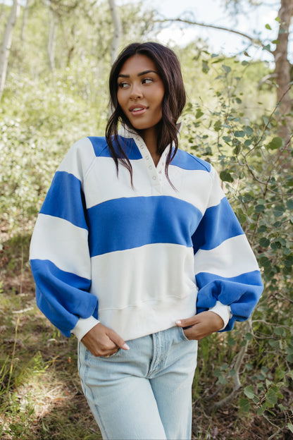 THE YARA STRIPED PULLOVER IN COBALT