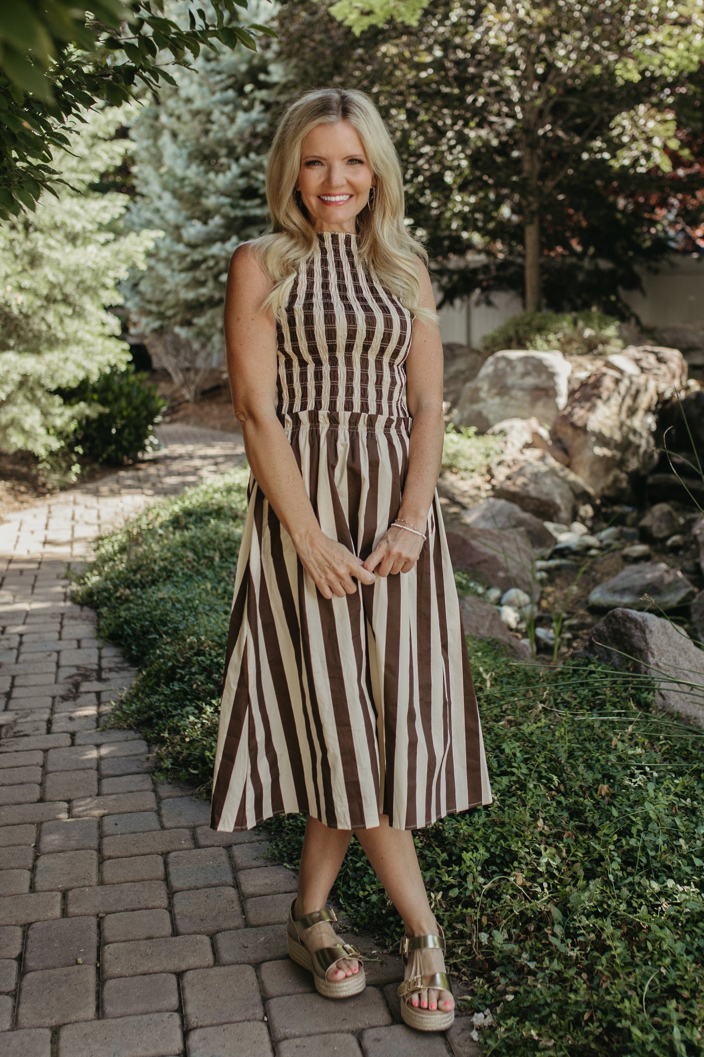 THE RIVKA STRIPE MIDI SLEEVELESS DRESS IN IVORY