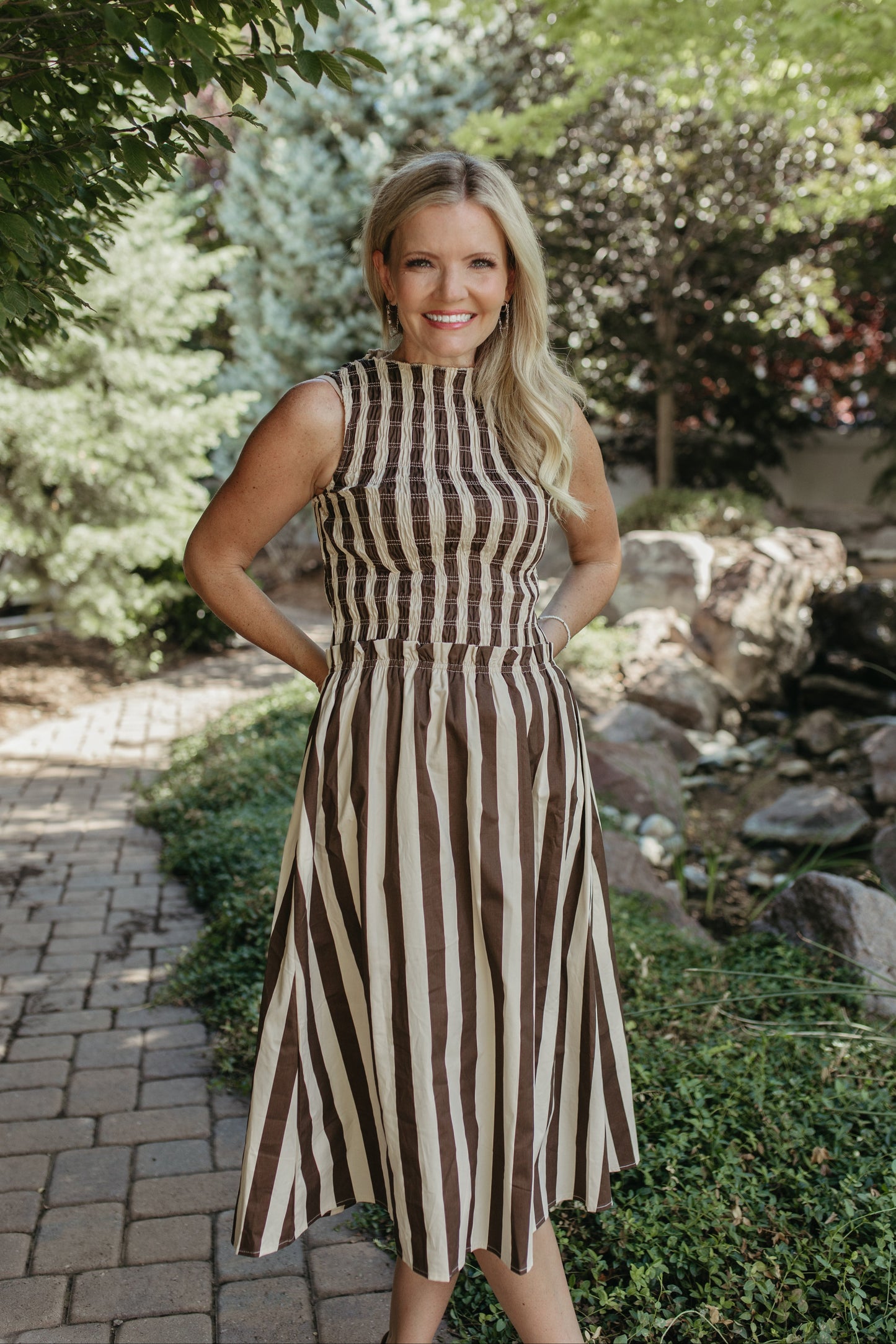 THE RIVKA STRIPE MIDI SLEEVELESS DRESS IN IVORY