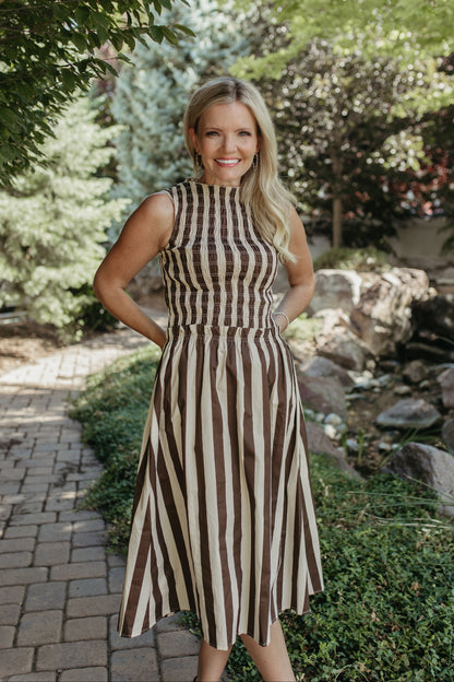 THE RIVKA STRIPE MIDI SLEEVELESS DRESS IN IVORY