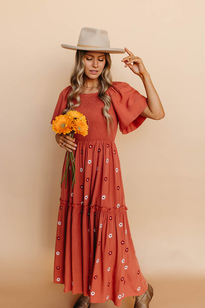 THE EMELIA EMBROIDERED DRESS IN TERRACOTTA
