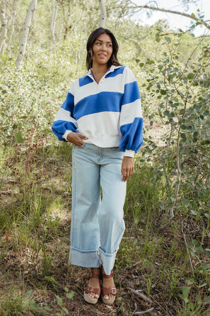 THE YARA STRIPED PULLOVER IN COBALT