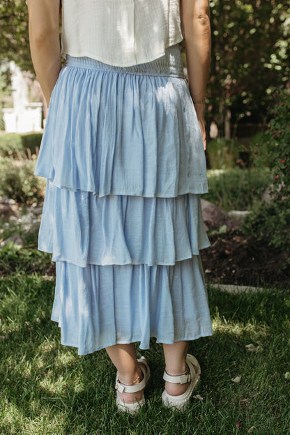 THE INDY TIERED SMOCKED SKIRT IN POWDER BLUE