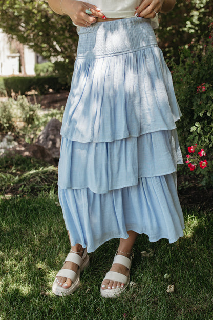 THE INDY TIERED SMOCKED SKIRT IN POWDER BLUE