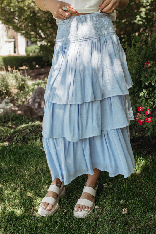 THE INDY TIERED SMOCKED SKIRT IN POWDER BLUE