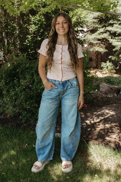 THE KAYLANI POLKA DOT BUTTON TOP IN SOFT PINK