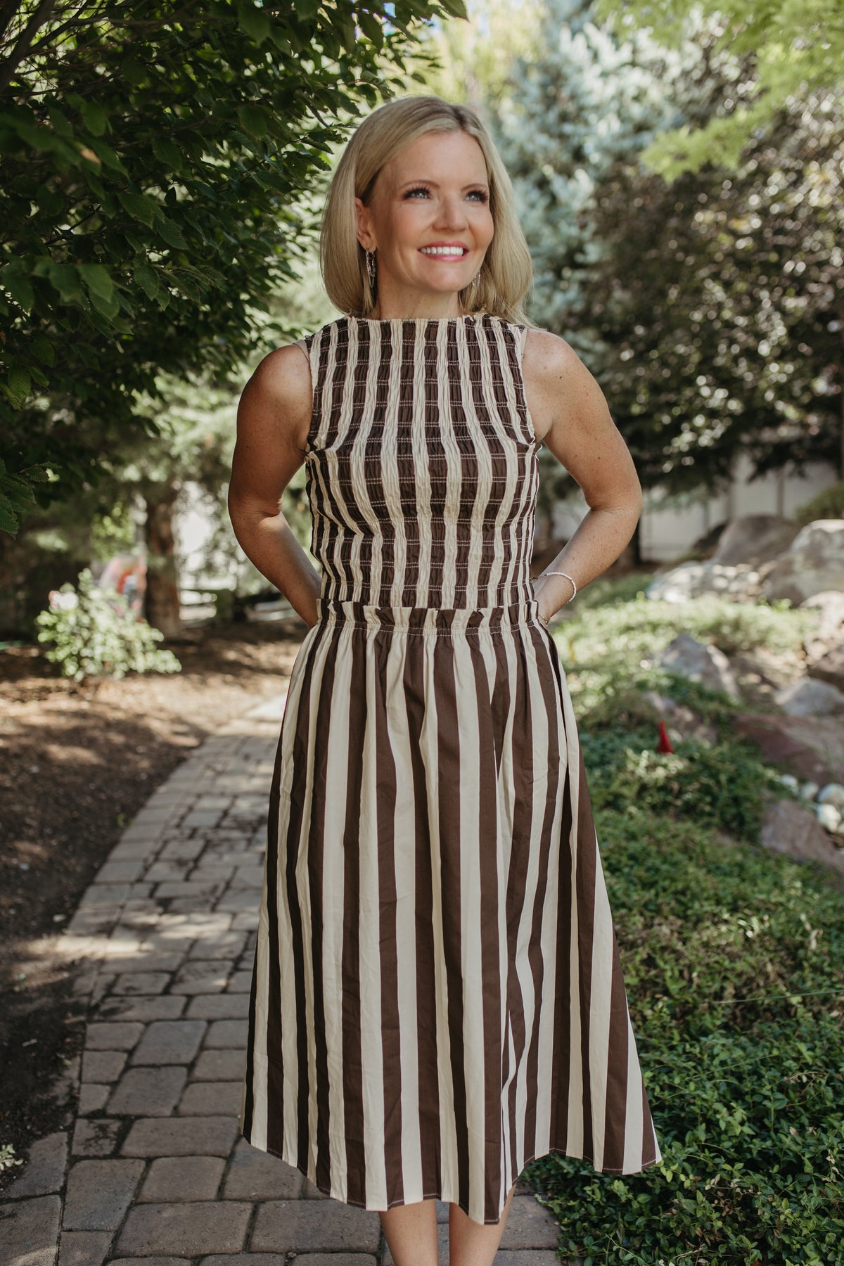 THE RIVKA STRIPE MIDI SLEEVELESS DRESS IN IVORY