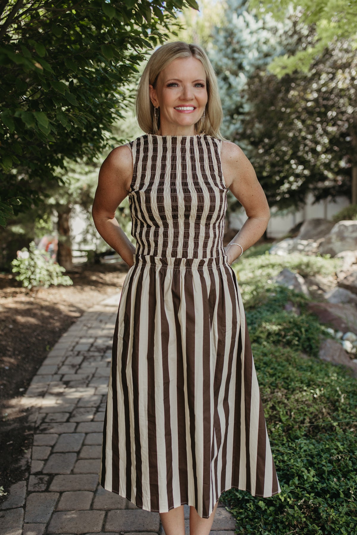 THE RIVKA STRIPE MIDI SLEEVELESS DRESS IN IVORY