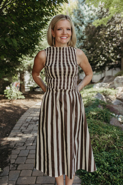 THE RIVKA STRIPE MIDI SLEEVELESS DRESS IN IVORY
