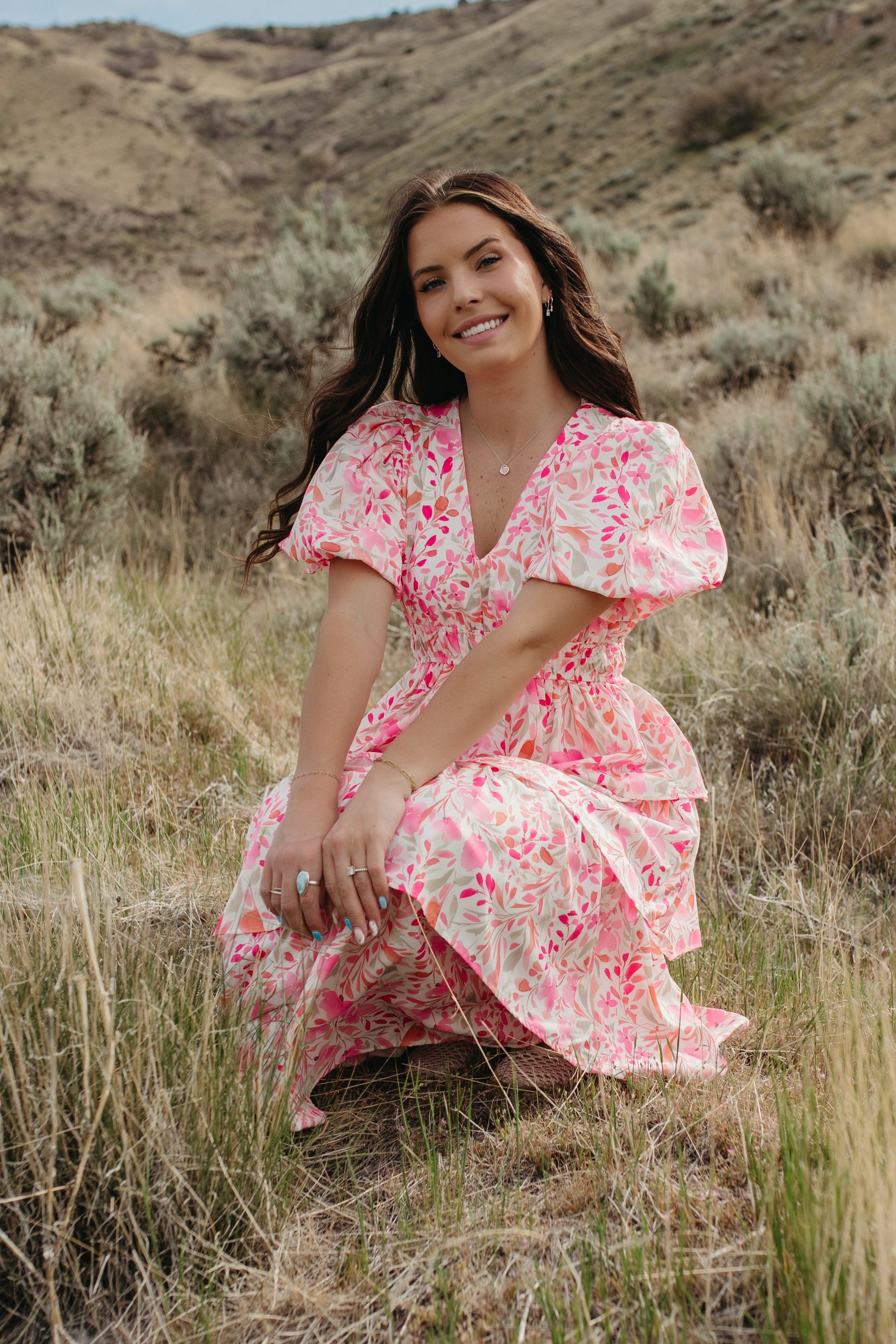THE LENNON RUFFLED FLORAL DRESS Pink Desert THE LENNON RUFFLED FLORAL DRESS Pink Desert
