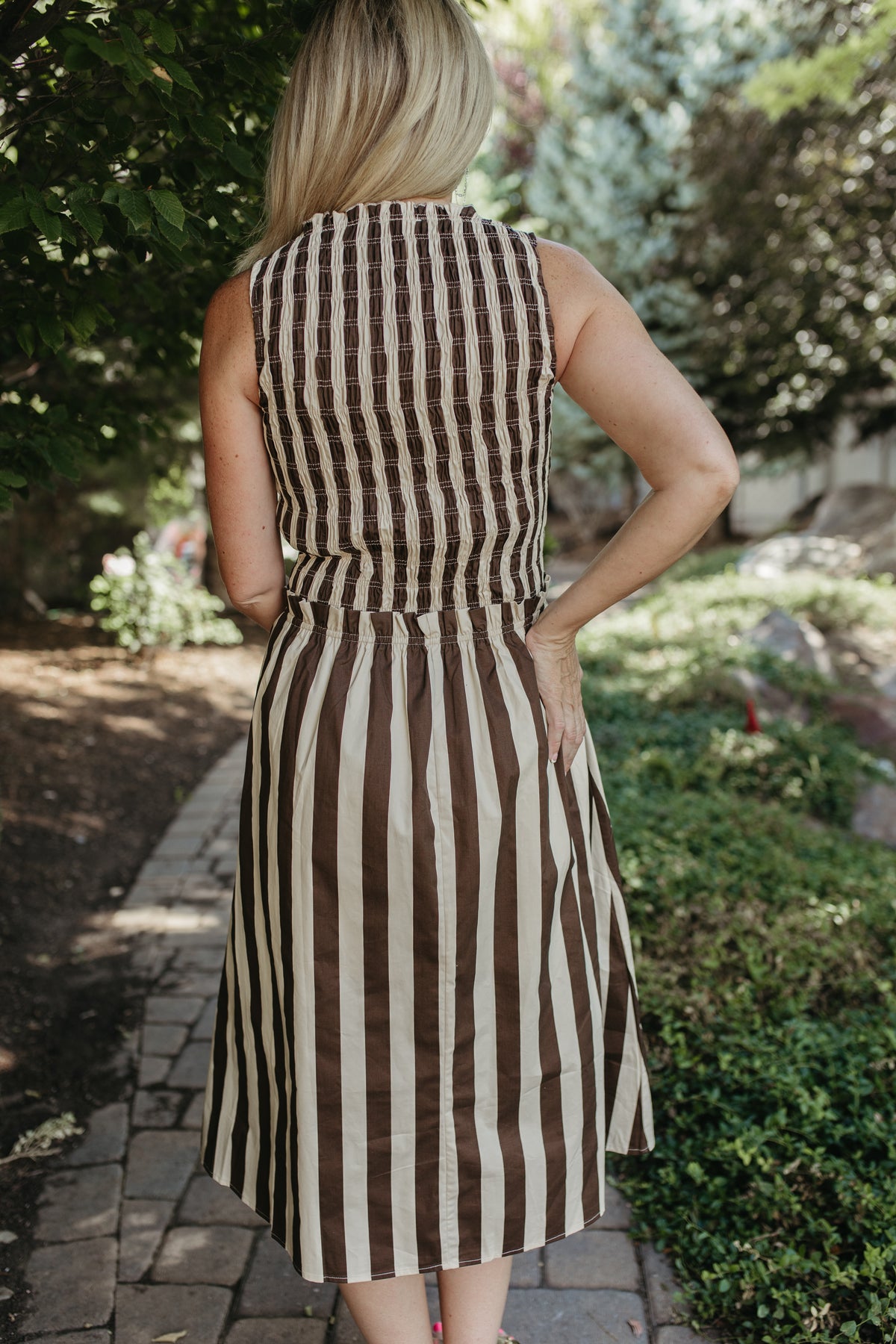 THE RIVKA STRIPE MIDI SLEEVELESS DRESS IN IVORY
