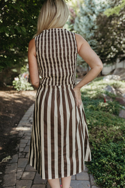 THE RIVKA STRIPE MIDI SLEEVELESS DRESS IN IVORY