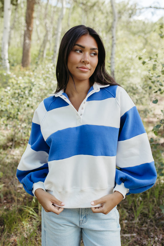 THE YARA STRIPED PULLOVER IN COBALT