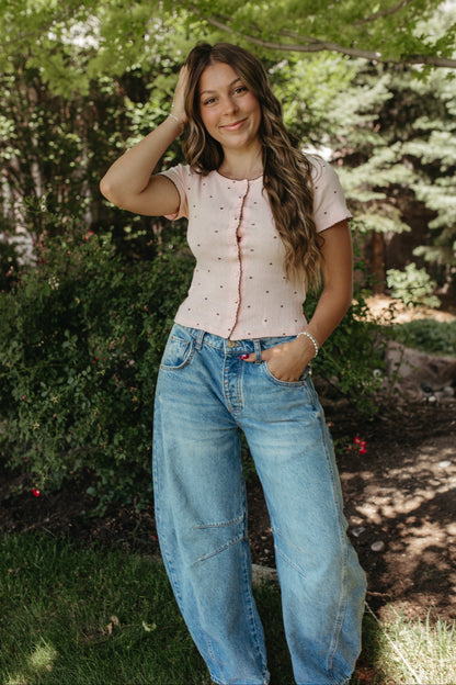 THE KAYLANI POLKA DOT BUTTON TOP IN SOFT PINK