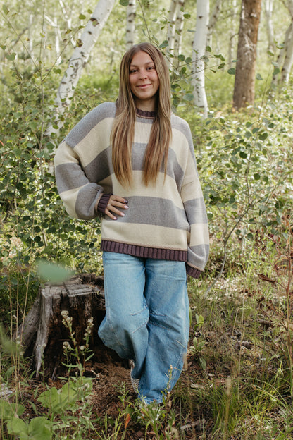 THE JORDAN STRIPE LONG SLEEVE SWEATER IN GREY