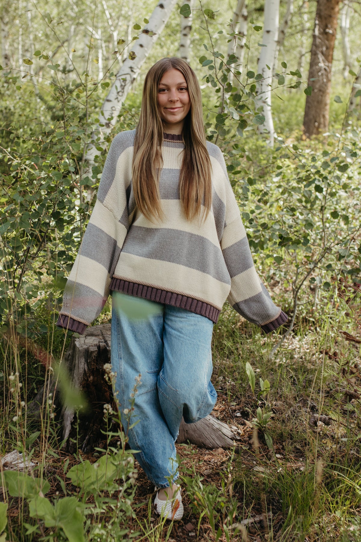 THE JORDAN STRIPE LONG SLEEVE SWEATER IN GREY