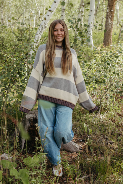 THE JORDAN STRIPE LONG SLEEVE SWEATER IN GREY